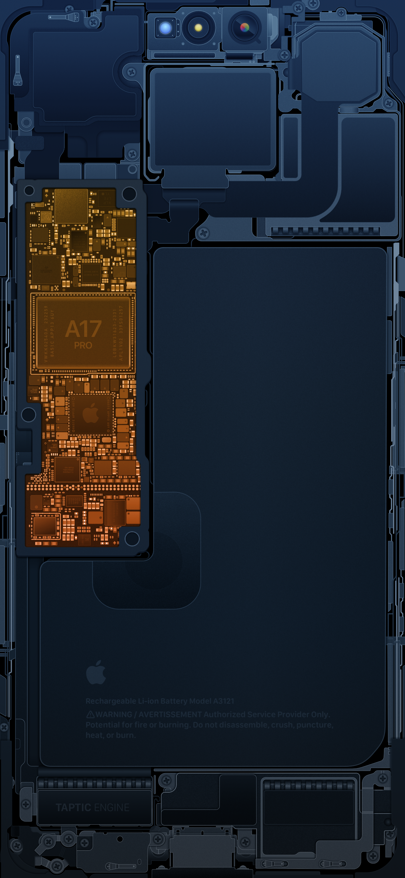 Sfondo iPhone 15 Pro Max Schematics – Blue & Gold | Internals