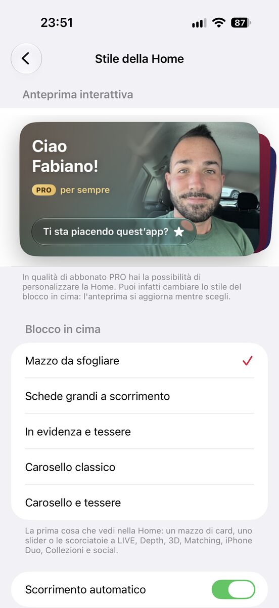 Il mazzo di schede da sfogliare in cima alla Home