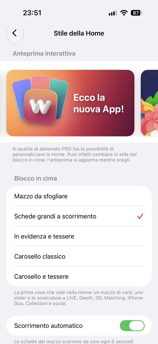 Il mazzo di schede da sfogliare in cima alla Home