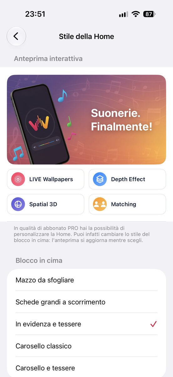 Il mazzo di schede da sfogliare in cima alla Home