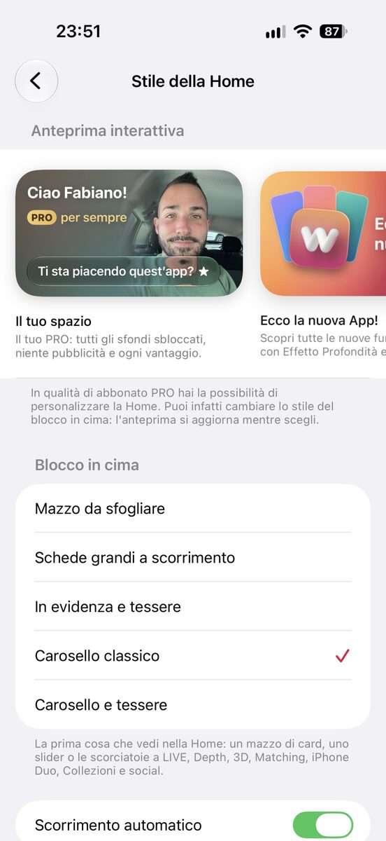 Il mazzo di schede da sfogliare in cima alla Home
