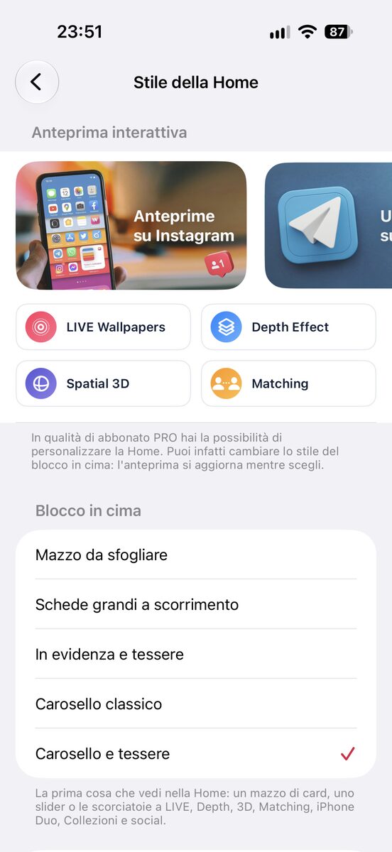 Il mazzo di schede da sfogliare in cima alla Home