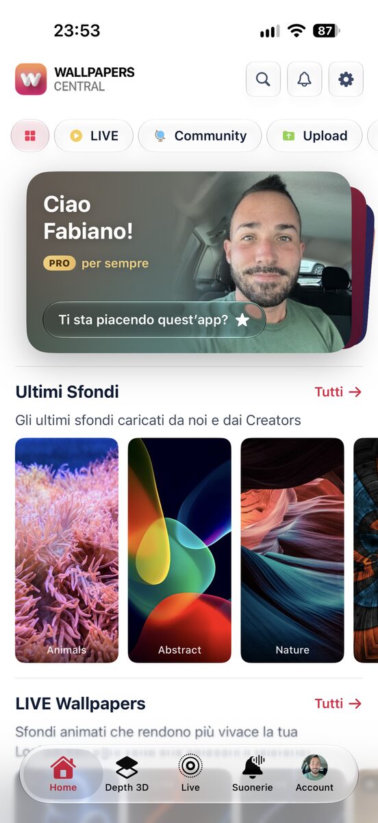 La nuova Home di Wallpapers Central 2.6 con gli sfondi in file orizzontali per categoria