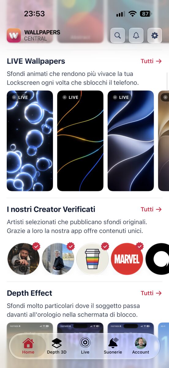 La nuova Home di Wallpapers Central 2.6 con gli sfondi in file orizzontali per categoria