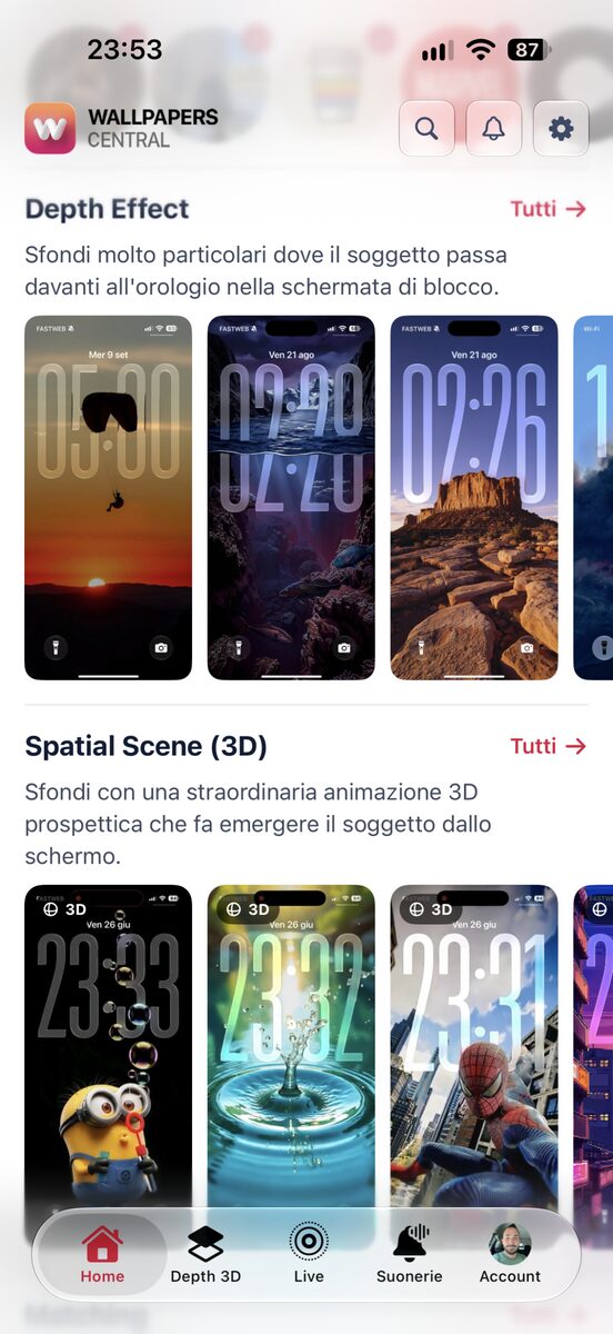 La nuova Home di Wallpapers Central 2.6 con gli sfondi in file orizzontali per categoria