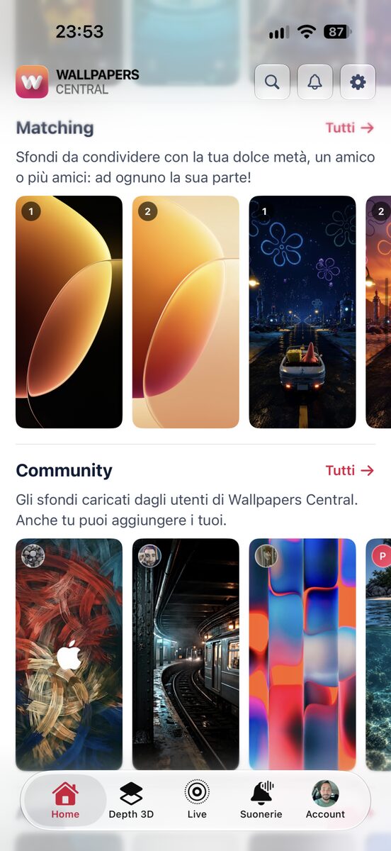 La nuova Home di Wallpapers Central 2.6 con gli sfondi in file orizzontali per categoria