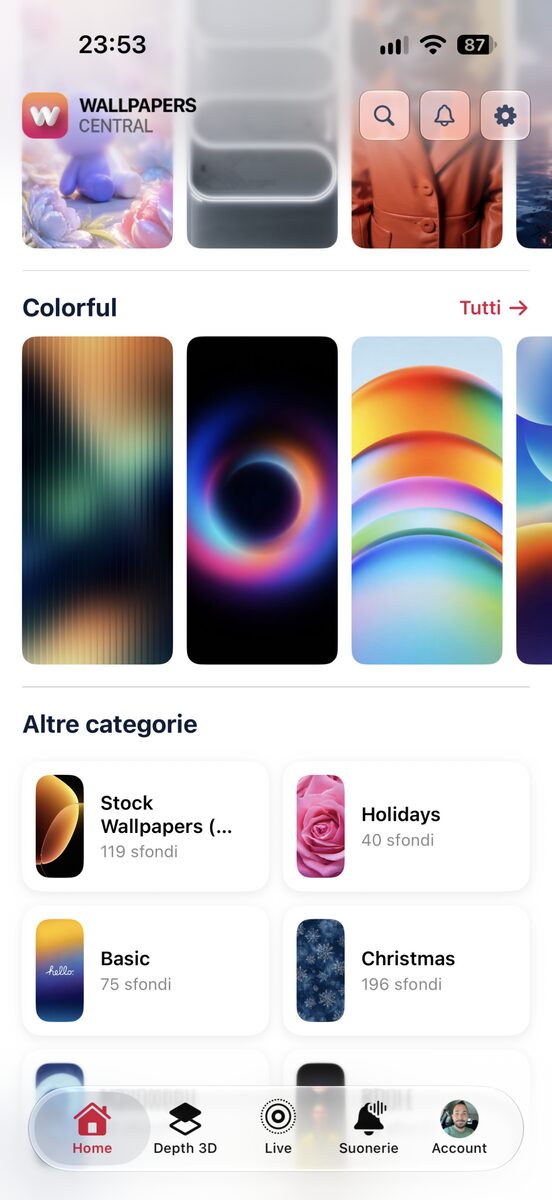 La nuova Home di Wallpapers Central 2.6 con gli sfondi in file orizzontali per categoria