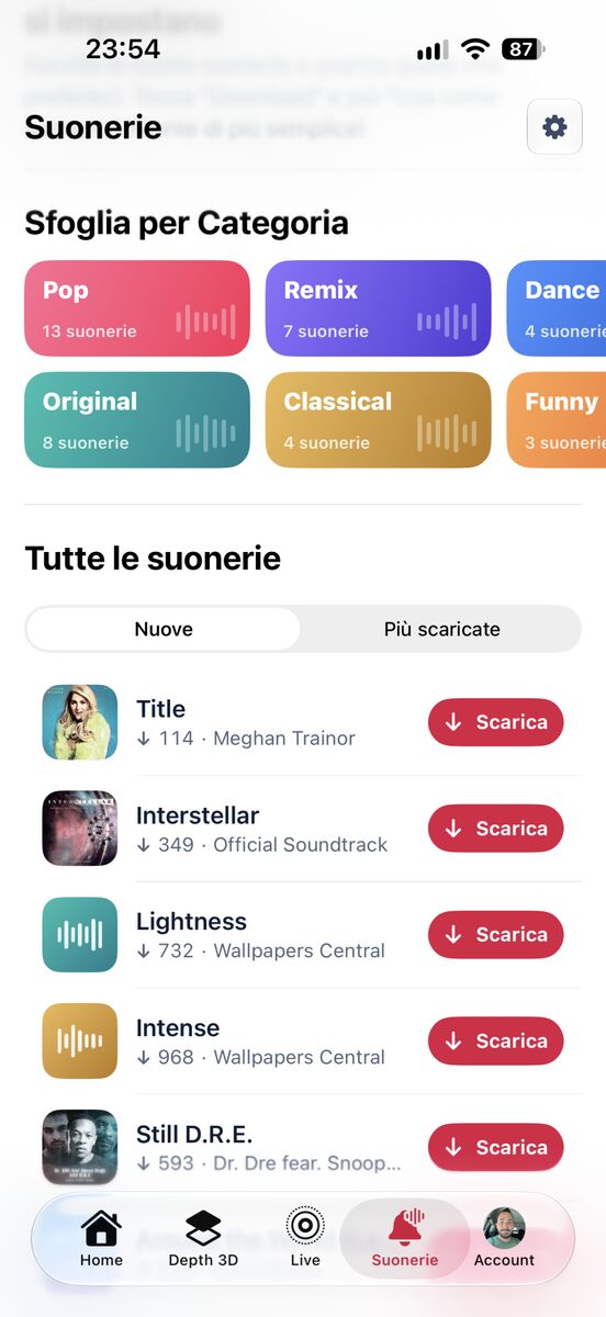 Le pagine delle categorie di suonerie