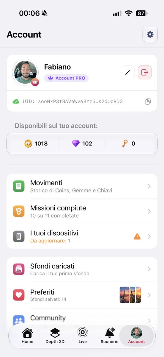 Il nuovo Account a menu