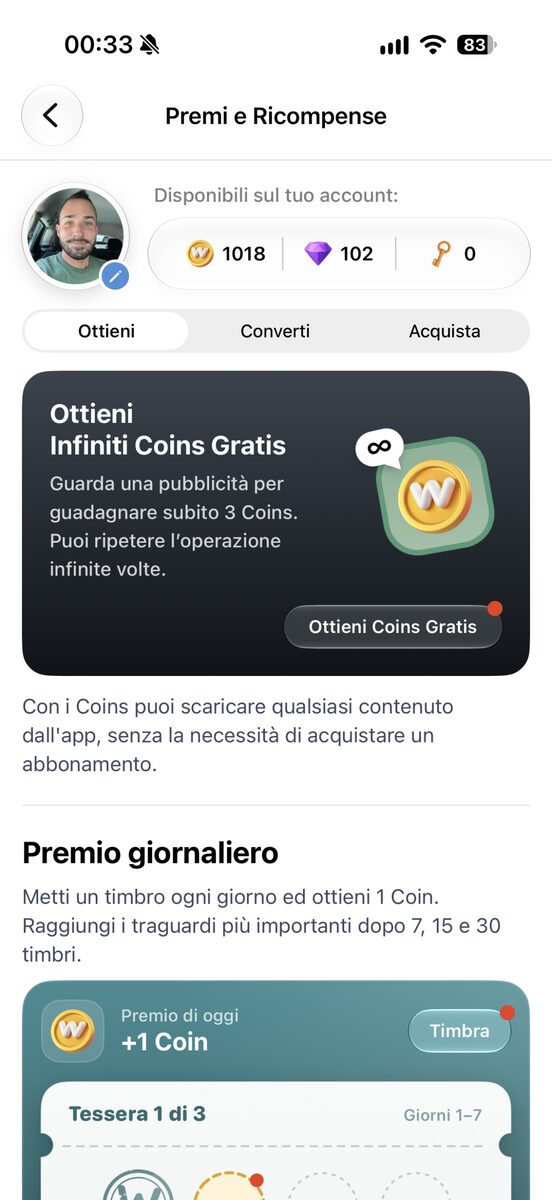 La sezione Ricompense e la tessera a timbri