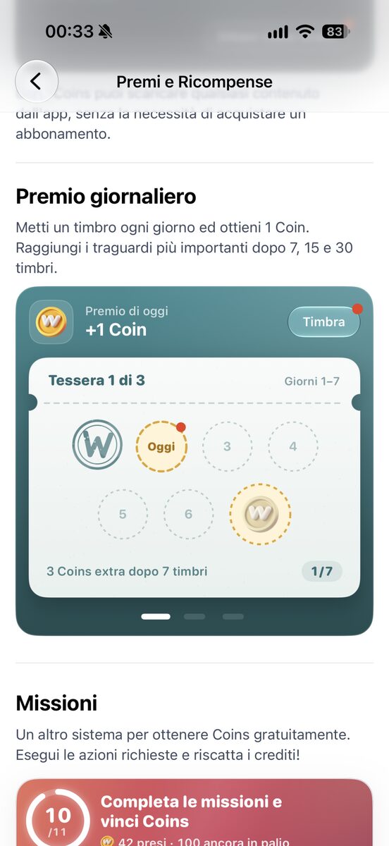 La sezione Ricompense e la tessera a timbri