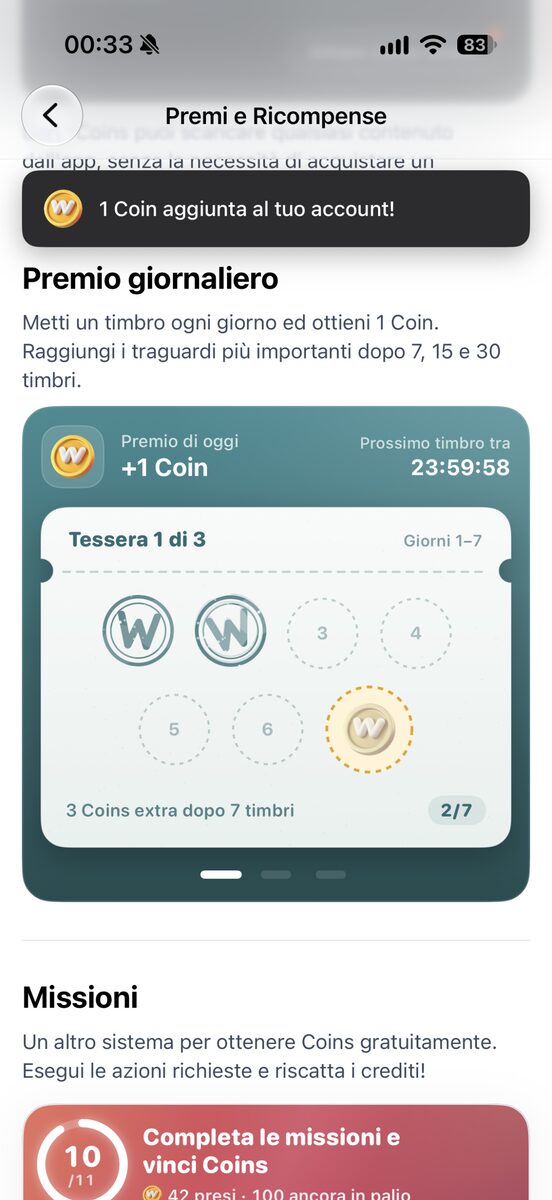La sezione Ricompense e la tessera a timbri