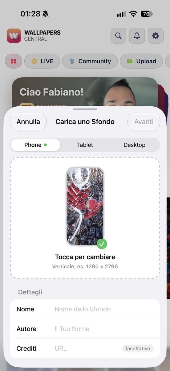 Il caricamento degli sfondi per smartphone, tablet e desktop