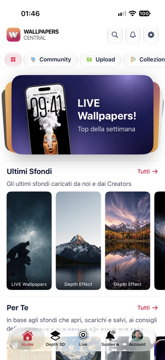 La Home di Wallpapers Central 2.7 con il nuovo menu e le card dinamiche