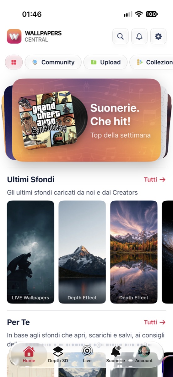La Home di Wallpapers Central 2.7 con il nuovo menu e le card dinamiche