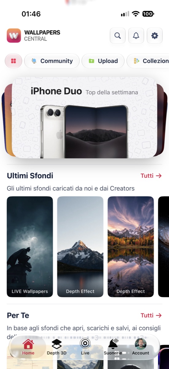 La Home di Wallpapers Central 2.7 con il nuovo menu e le card dinamiche