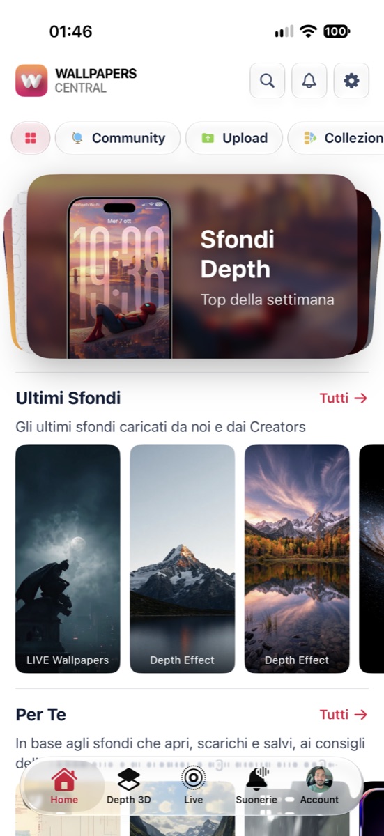 La Home di Wallpapers Central 2.7 con il nuovo menu e le card dinamiche