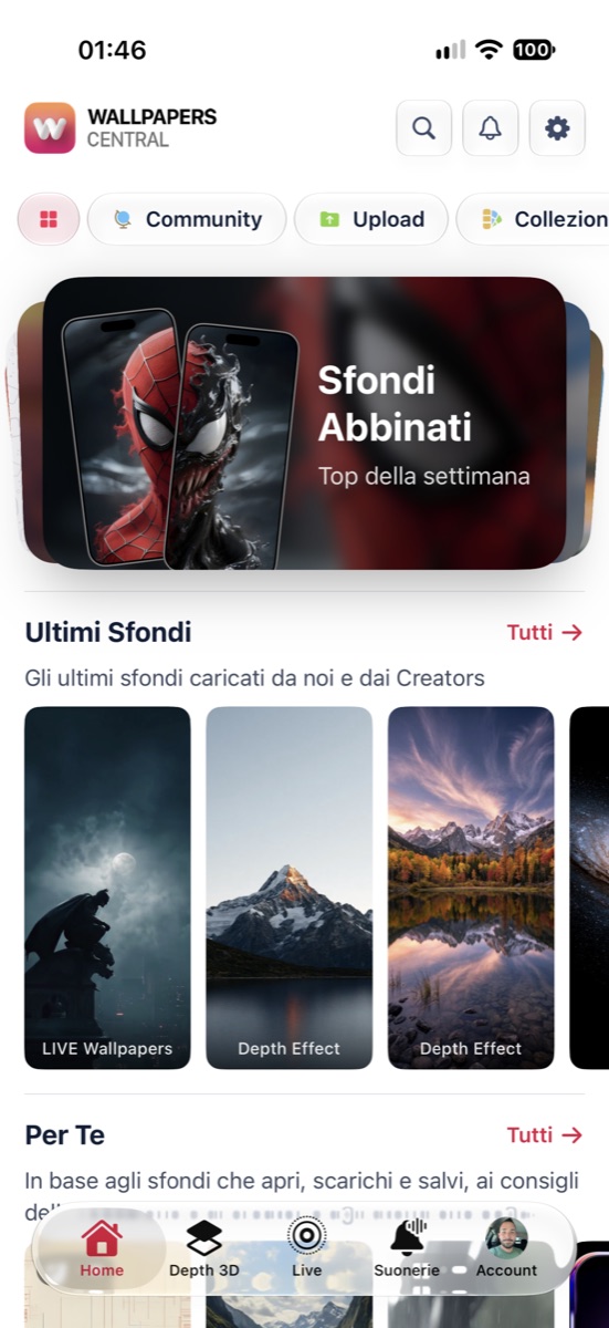 La Home di Wallpapers Central 2.7 con il nuovo menu e le card dinamiche
