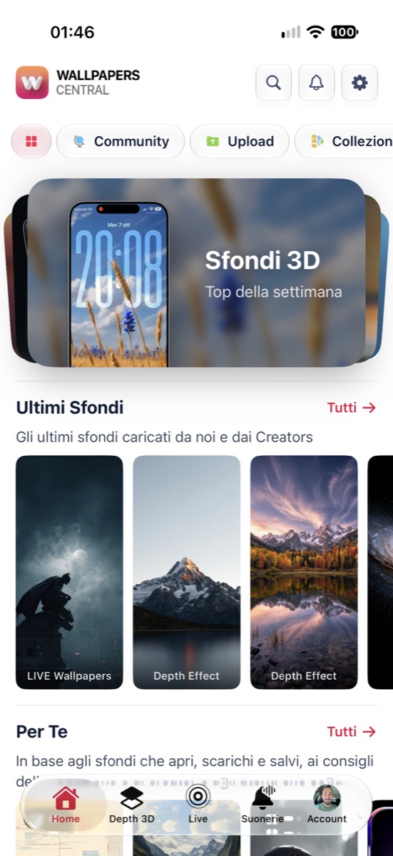 La Home di Wallpapers Central 2.7 con il nuovo menu e le card dinamiche