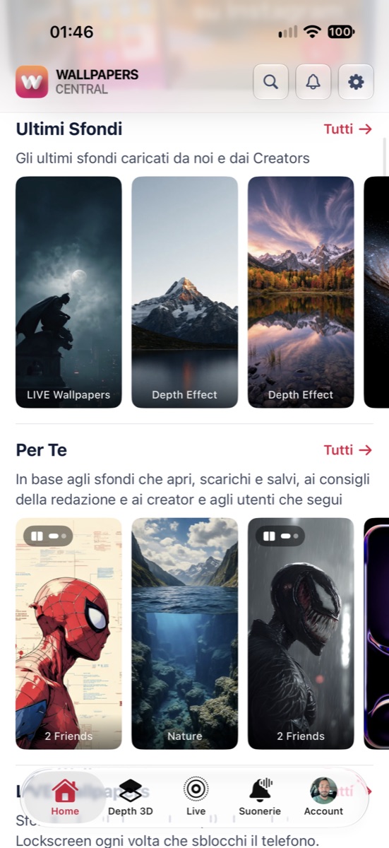La sezione Per Te in Wallpapers Central 2.7