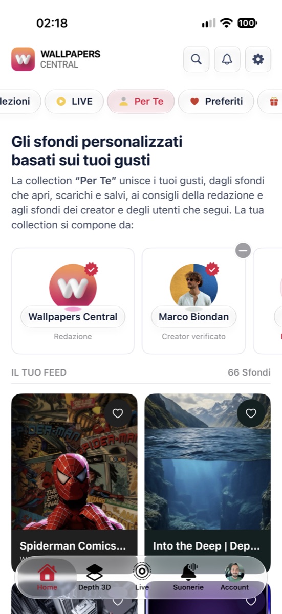 La sezione Per Te in Wallpapers Central 2.7