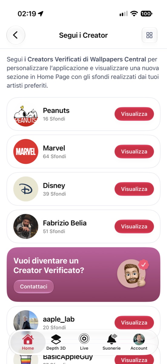 Creators Verificati ed Account in Wallpapers Central 2.7